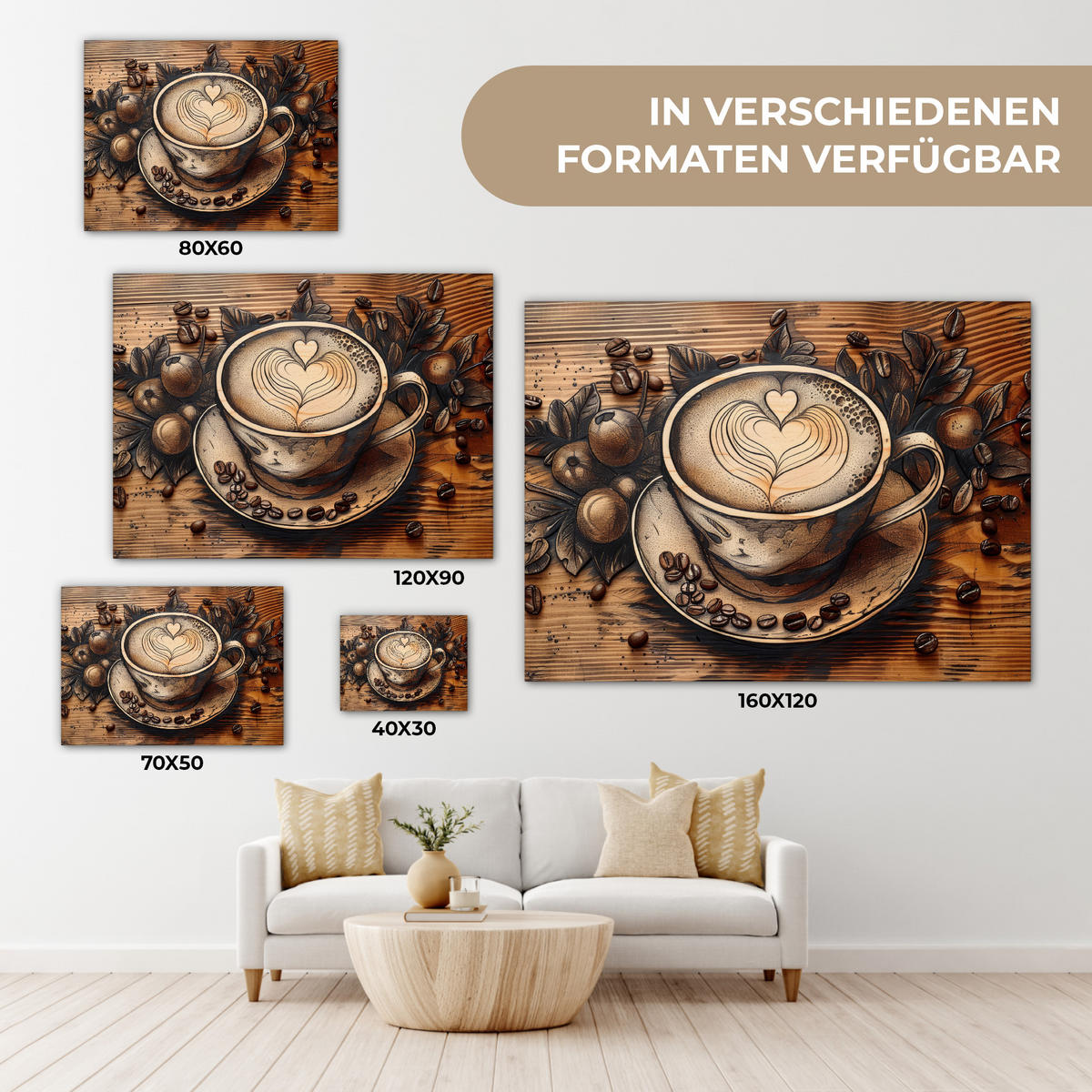 LEINWANDBILD Kaffee - Vintage - Braun - Tasse - Holz Wandbilder 80x60 cm - Braun, Textil (80/60cm) - MuchoWow