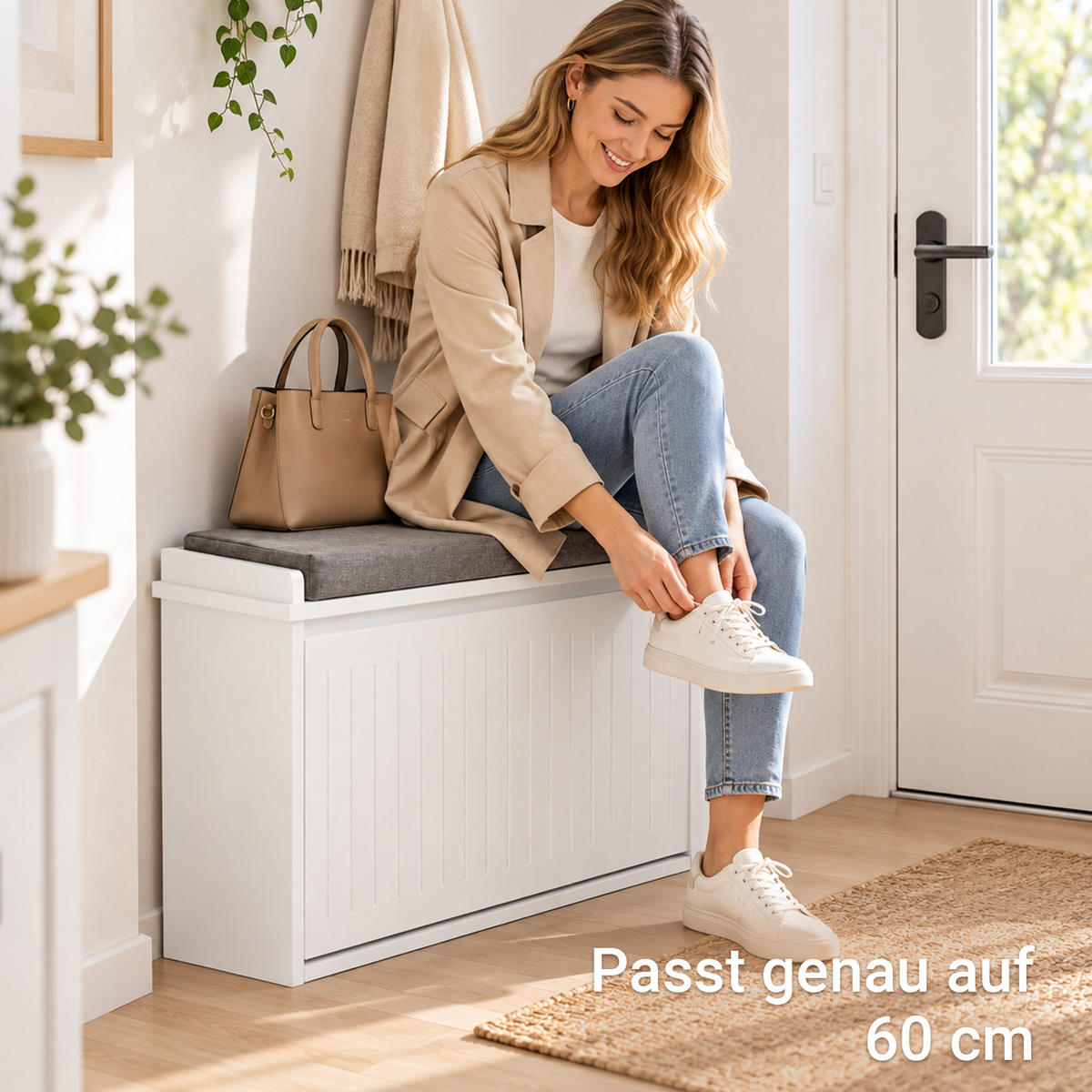SCHUHBANK weiß mit Sitzpolster, 62 cm breit, 26 cm tief, bis 150 kg, Klappe mit Staufach - Weiß, Holzwerkstoff (62/46/26cm) - SoBuy
