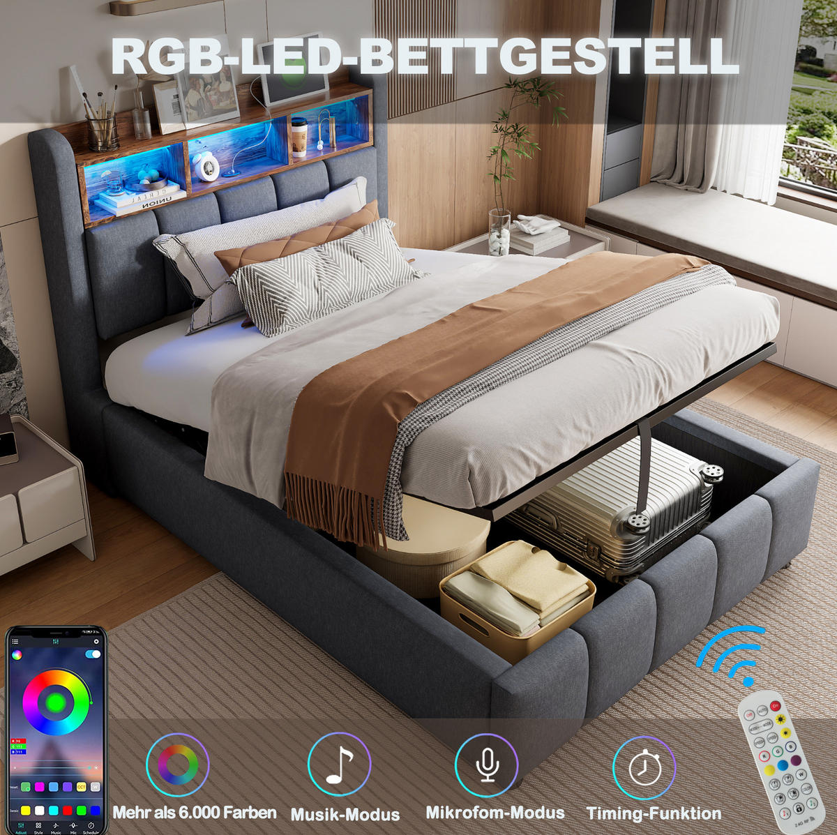 POLSTERBETT 90/200 cm Grau aus Leinenstoff mit LED und Stauraum - Grau, Textil (90/200cm) - OKMYHOME