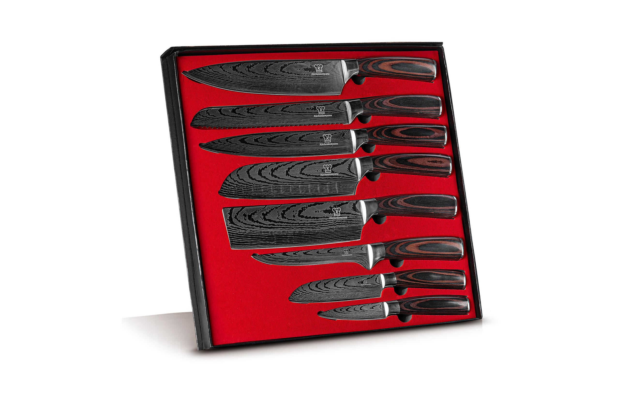 KÜCHENKOMPANE Profi Messer-Set 8-tlg. – Edelstahl Küchenmesser mit Pakkaholz-Griffen - Braun, Holz/Metall - Küchenkompane