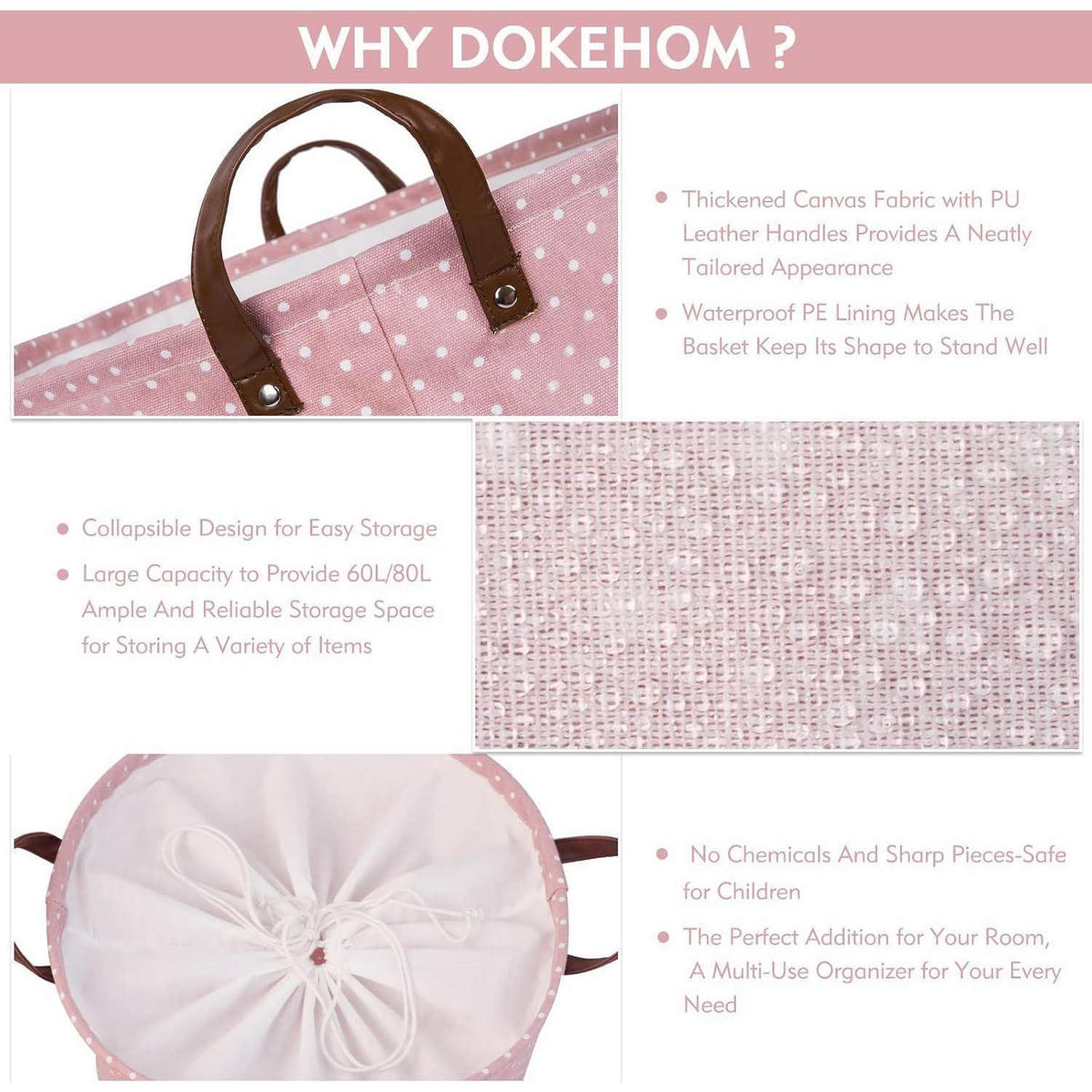WÄSCHEKORB mit Tunnelzug 61 cm Rosa Tupfen - Rosa, Textil (40.5/61/40.5cm)