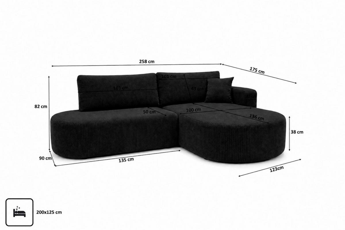 ECKSOFA Mit Schlaffunktion Und Bettkasten, Cordstoff Poso, Schwarz, Rechts, ROUND ONE OPEN XL - Schwarz, Holz (258/175cm) - Kaiser Möbel