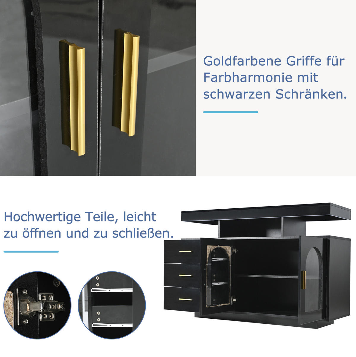 SIDEBOARD aus Spanplatte 120x40x80 cm Schwarz mit Hochglanzfronten, LED-Beleuchtung und Stauraum - Schwarz, Holzwerkstoff (120/80/40cm) - IVMEU