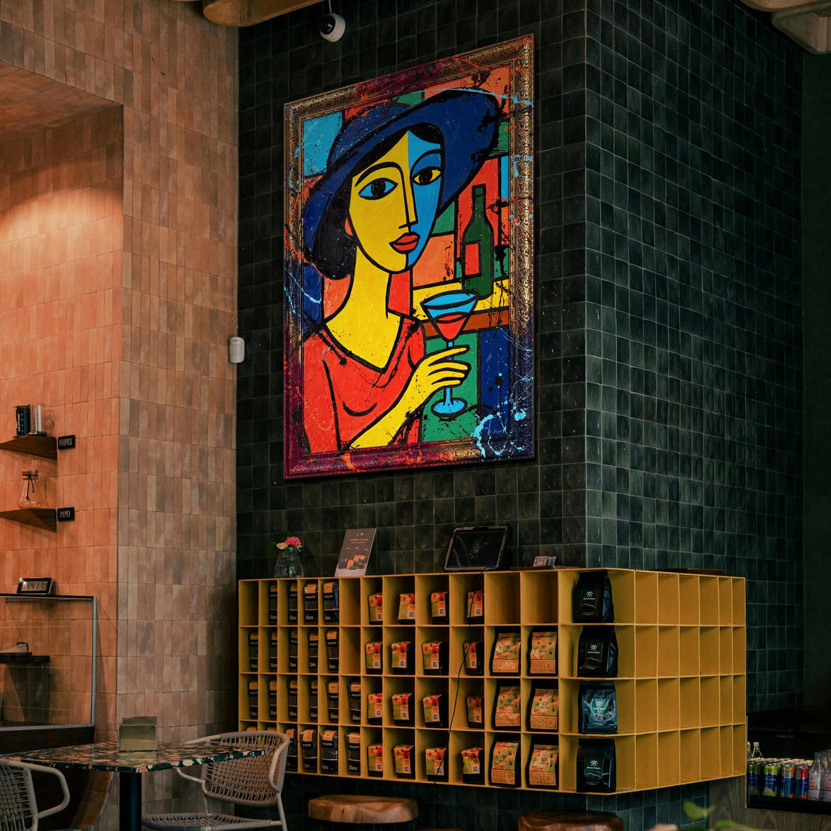 GEMÄLDE Dame in der Bar Schattenfugenrahmen Gold 140x100 cm - Goldfarben, Holz (140/100cm) - YS-art gallery