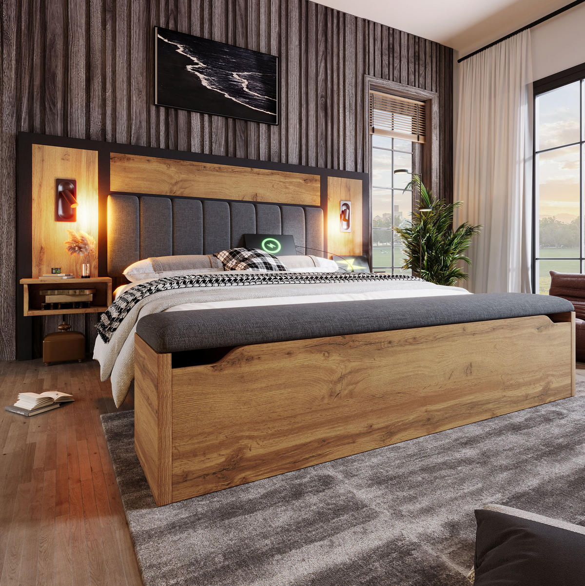 BETT mit Nachttischen, Leselampen und Sitzbank 180x200 cm Eiche - Braun, Holzwerkstoff (180/200cm) - Meubliv