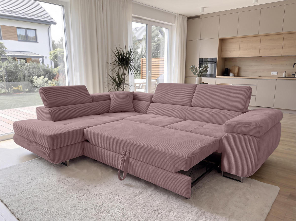 ECKSOFA L Form Konak Rosa 276/201/90 cm Links mit Schlaffunktion - Silberfarben/Rosa, Textil/Metall (203/276cm) - AX Living