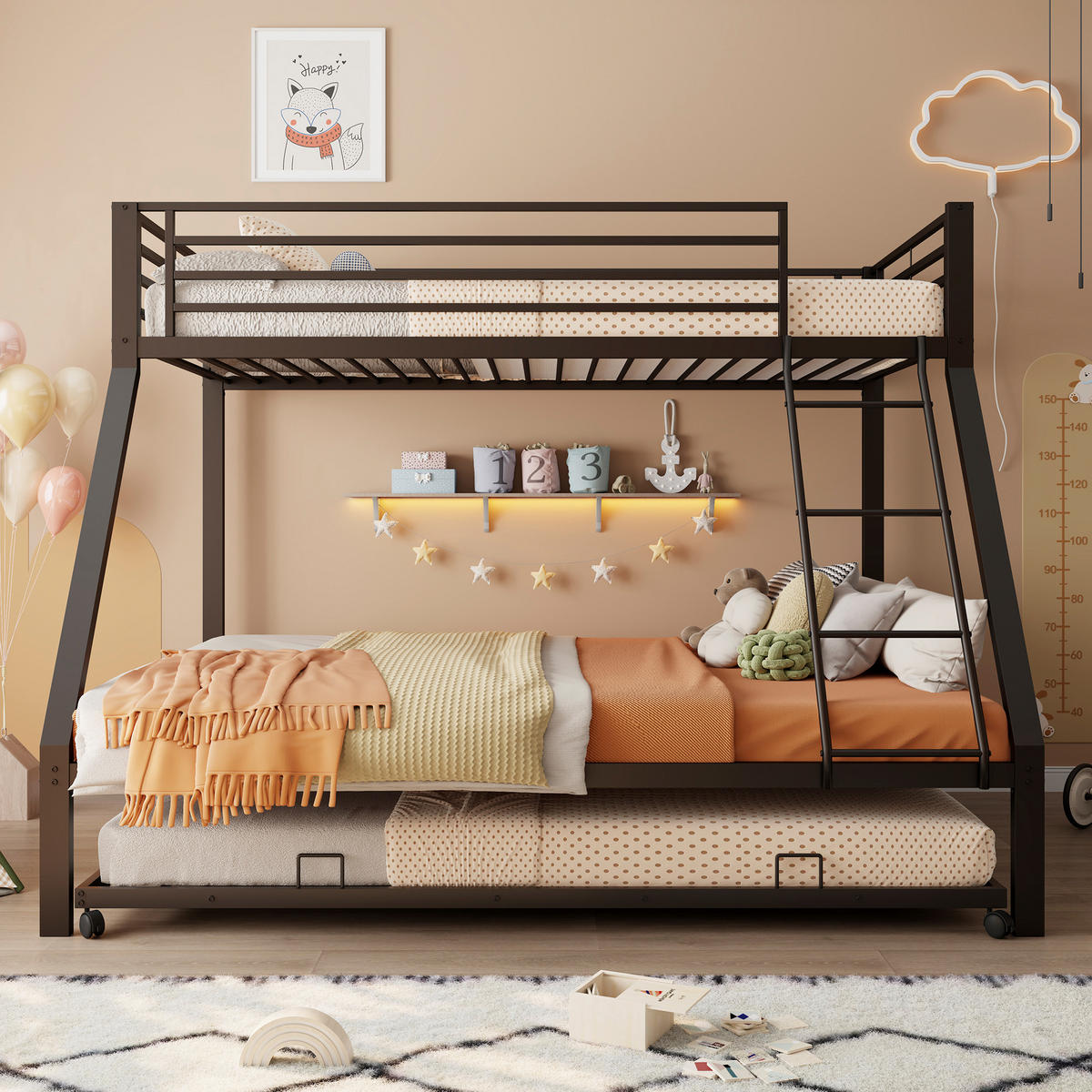 ETAGENBETT 90/140/200 cm mit Ausziehbett, DE-41956, in Schwarz - Schwarz, Metall (140/200cm) - ComfortXL