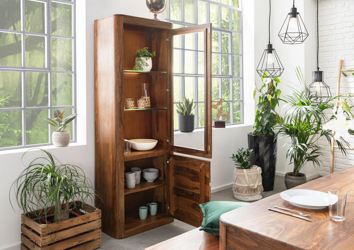 VITRINE Sheesham 70x40x202 walnuss gewachst TORONTO #210 - Walnussfarben, Holzwerkstoff (70/202/40cm) - Massivmoebel24
