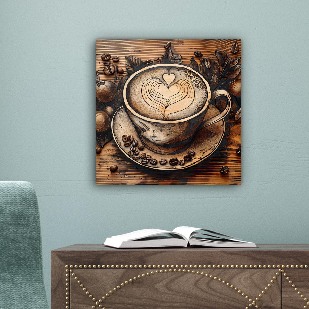 LEINWANDBILD Kaffee - Vintage - Braun - Tasse - Holz Deko Wohnzimmer 20x20 cm - Braun, Textil (20/20cm) - MuchoWow