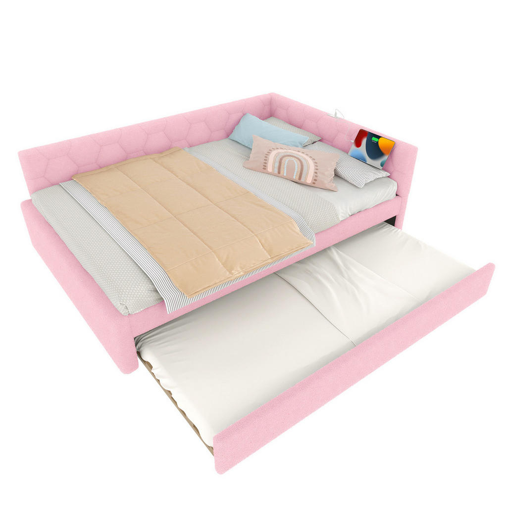 OKWISH ROZKLÁDACÍ denní postel 140/200 cm růžová z veluru s výsuvným lůžkem, USB a lampičkou
