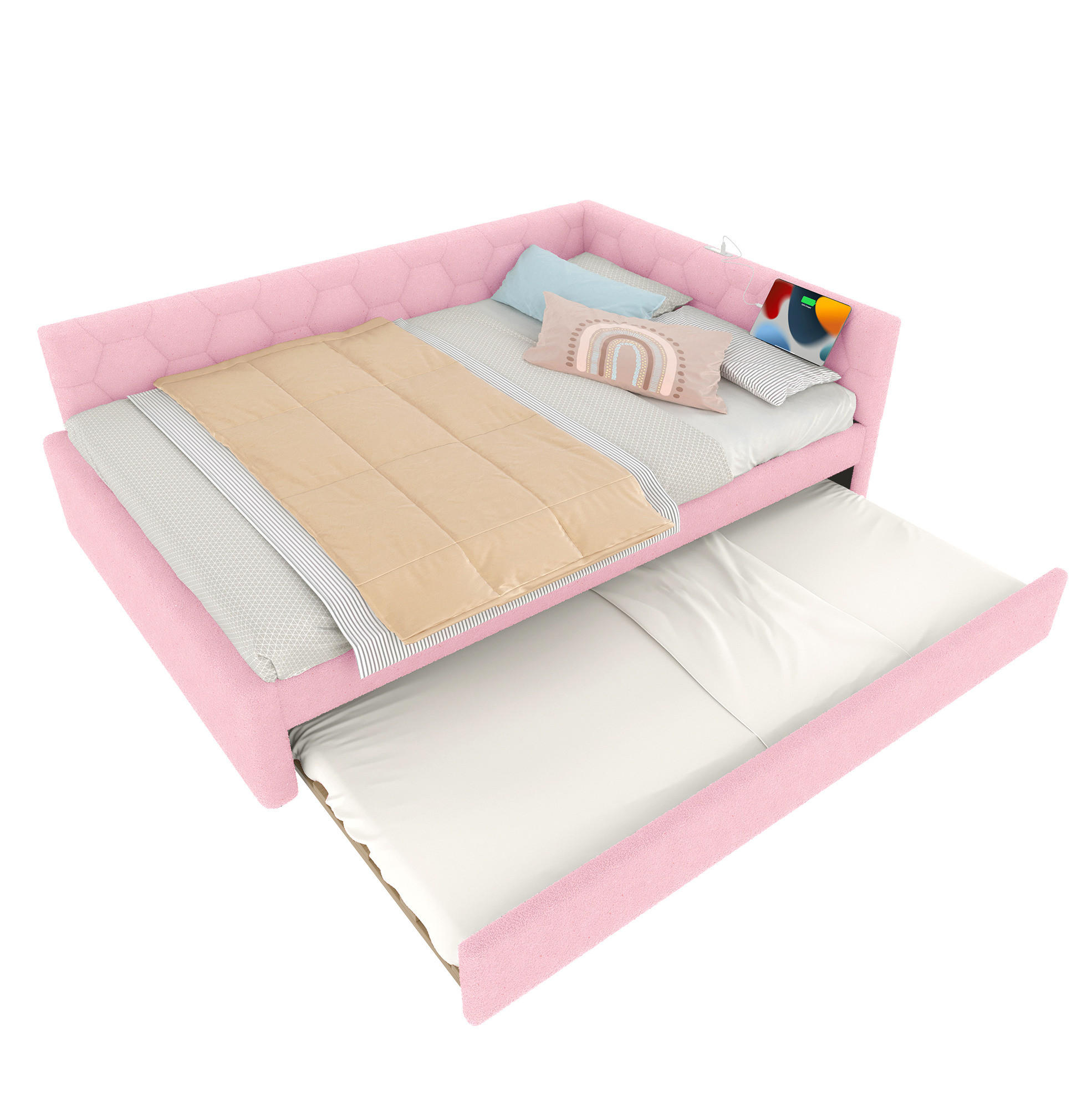 TAGESBETT 140/200 cm rosa mit Ausziehbett und USB-Anschluss - Rosa, Textil (140/200cm) - OKWISH