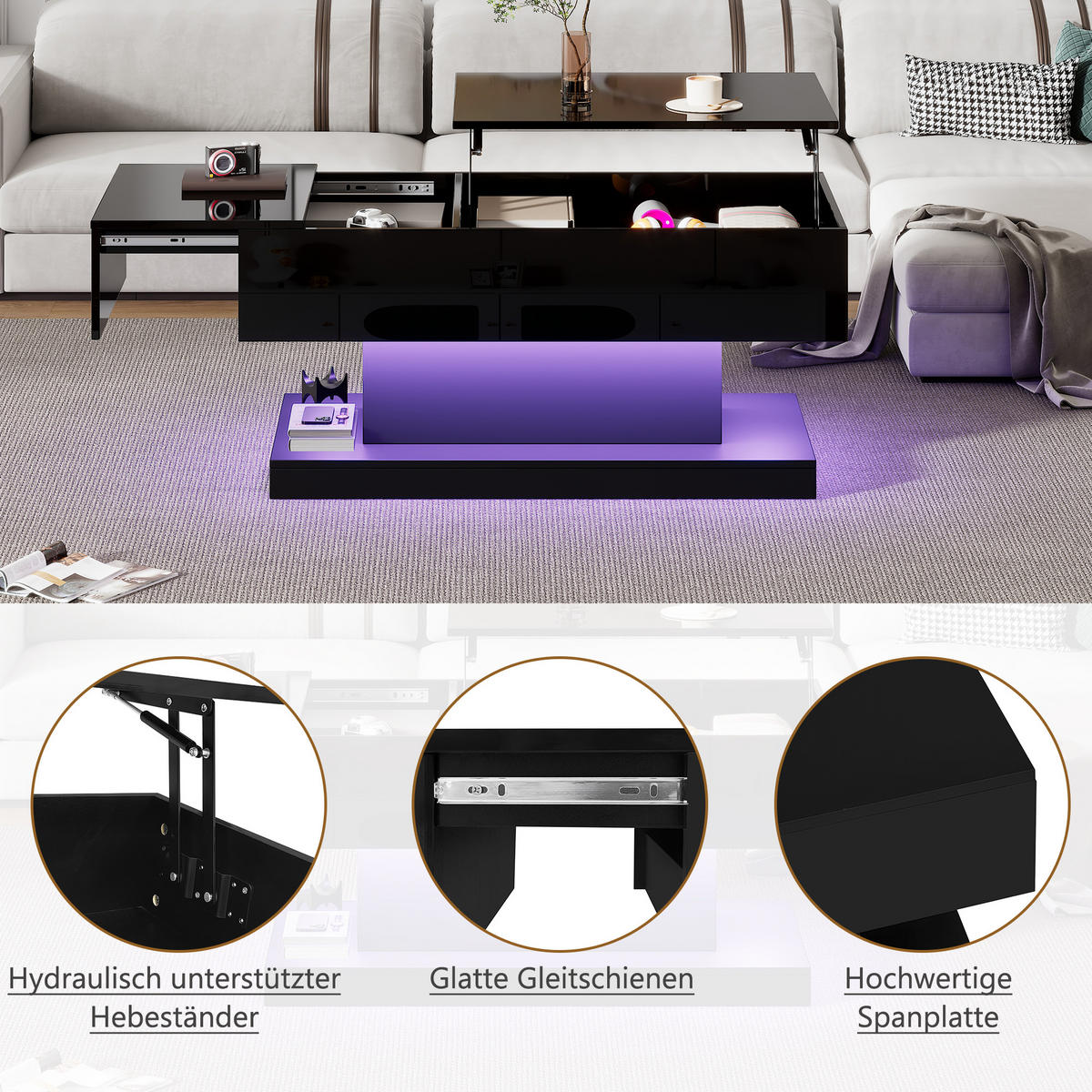 COUCHTISCH Hochglanz Schwarz mit LED Liftfunktion & Stauraum 100×50 cm - Schwarz, Holzwerkstoff (50/100/45cm) - Urban Meuble