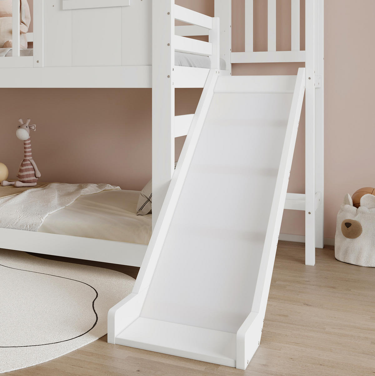 ETAGENBETT 90/200 cm mit Rutsche, Fenster- und Dachdesign aus Massivholz und MDF, Weiß - Weiß, Holz (90/200cm) - Redom