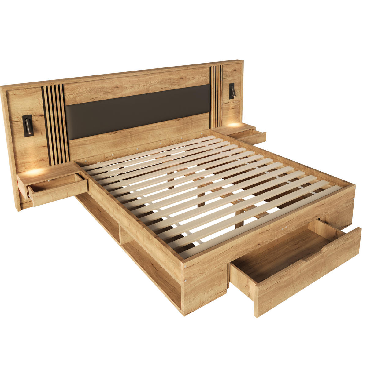 DOPPELBETT 160/200 cm mit 5 Staufächern, 2 Nachttischen, Leselampen und gepolstertem Kopfteil aus MDF, Natur - Naturfarben, Holzwerkstoff (160/200cm) - Redom