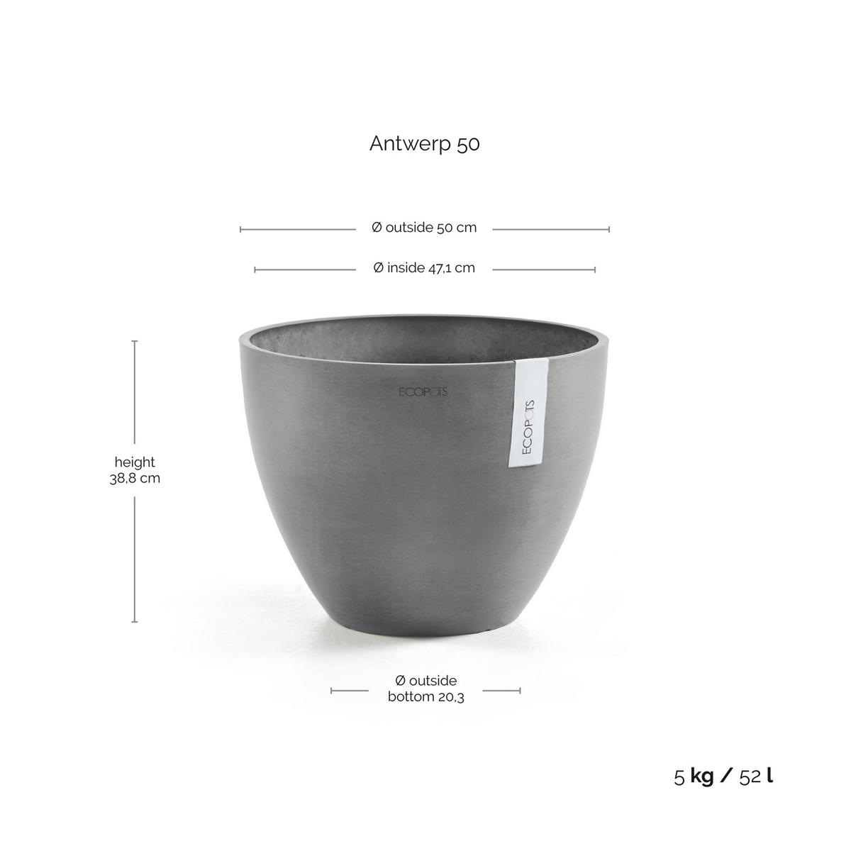 BLUMENTOPF Antwerp 49,3/37 cm Grau - Grau, Kunststoff (50/38.8cm) - Ecopots