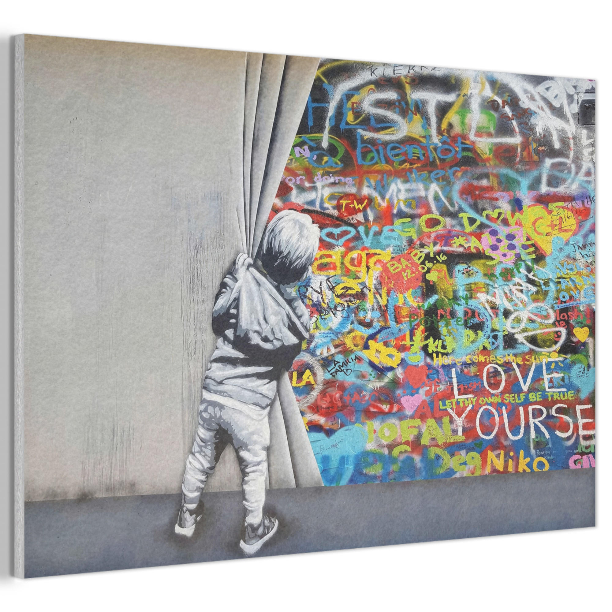 AKUSTIKBILD Graffiti - Junge - Ilussie - Straßenkunst Akustikpaneele 90x60 cm - Hellgrau, Kunststoff (90/60/0.9cm) - MuchoWow