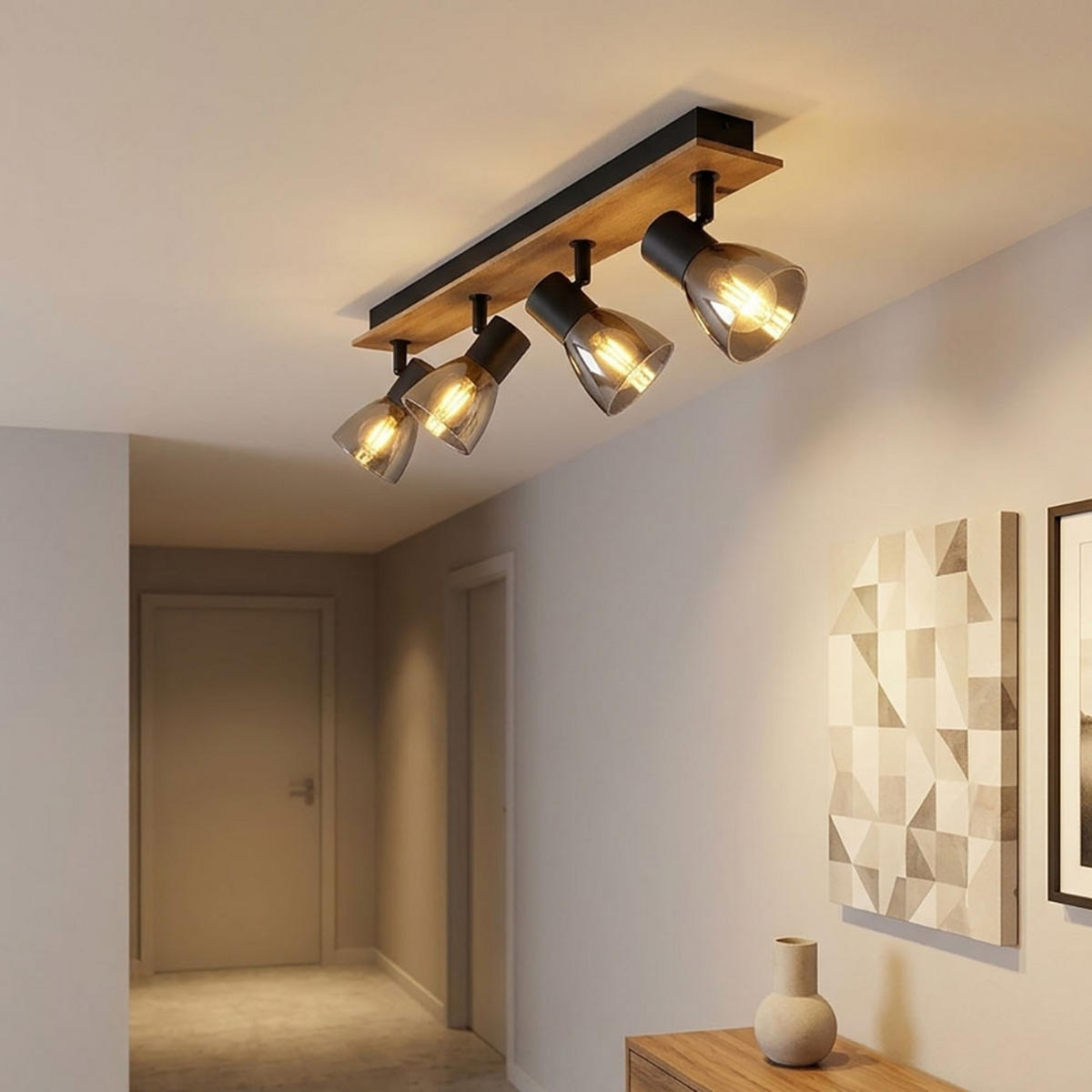 DECKENLEUCHTE Holz, Rauchglas, Schwarz, bewegliche Spots - Schwarz, Holz (50/7/15.5cm) - Globo Lighting