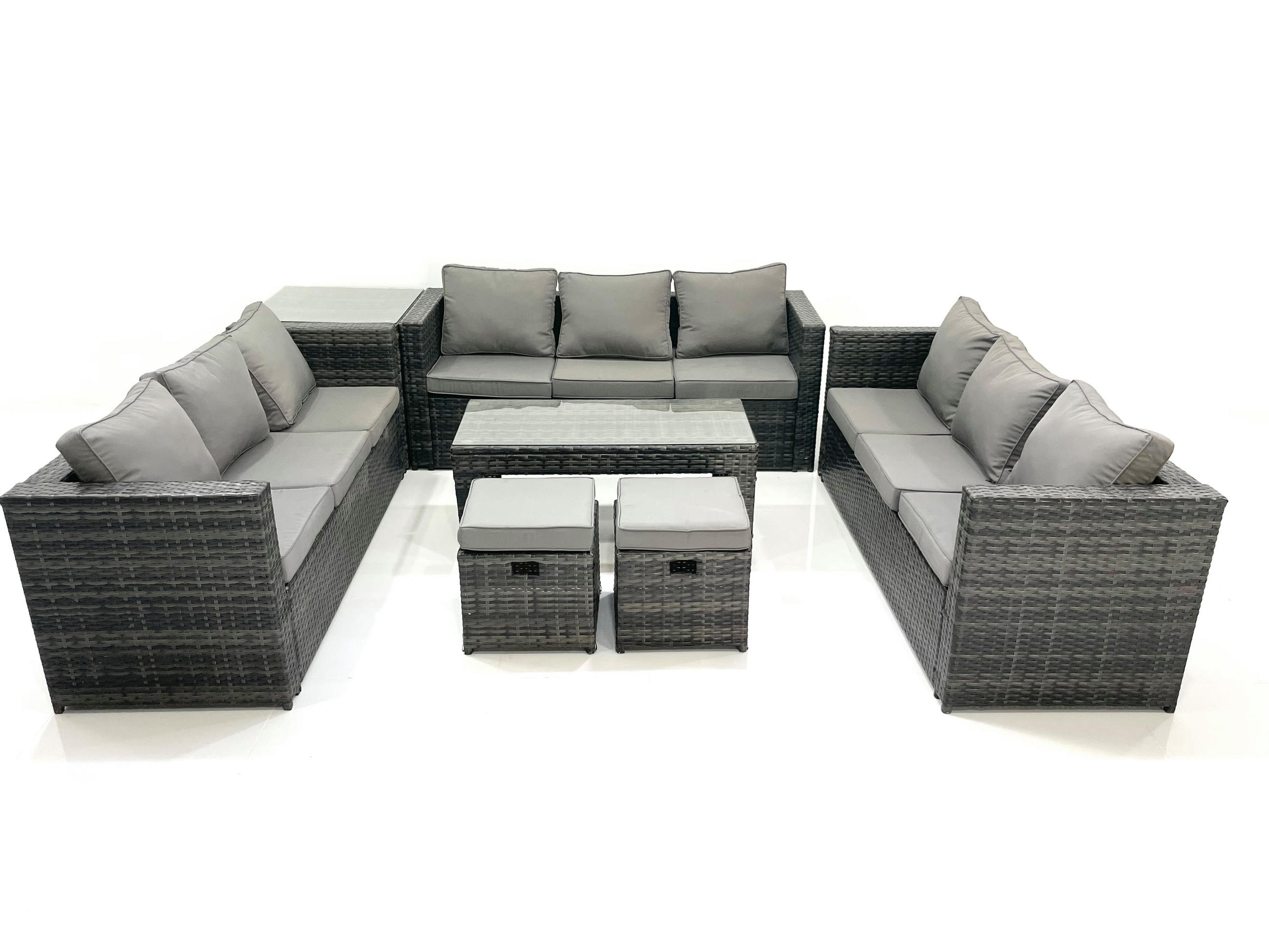 GARTENMÖBEL COUCHTISCH SET mit Sofa Polyrattan Outdoor 11-Sitzer - Dunkelgrau/Grau, Glas/Kunststoff - Fimous