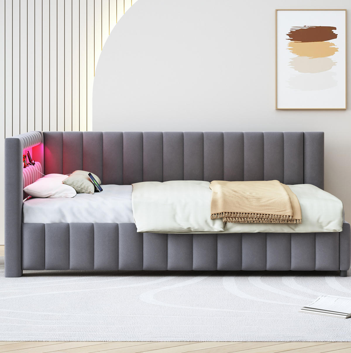 POLSTERBETT 140/200 cm Grau mit LED-Beleuchtung und USB-Anschluss - Grau, Textil (140/200cm) - Flora Grace