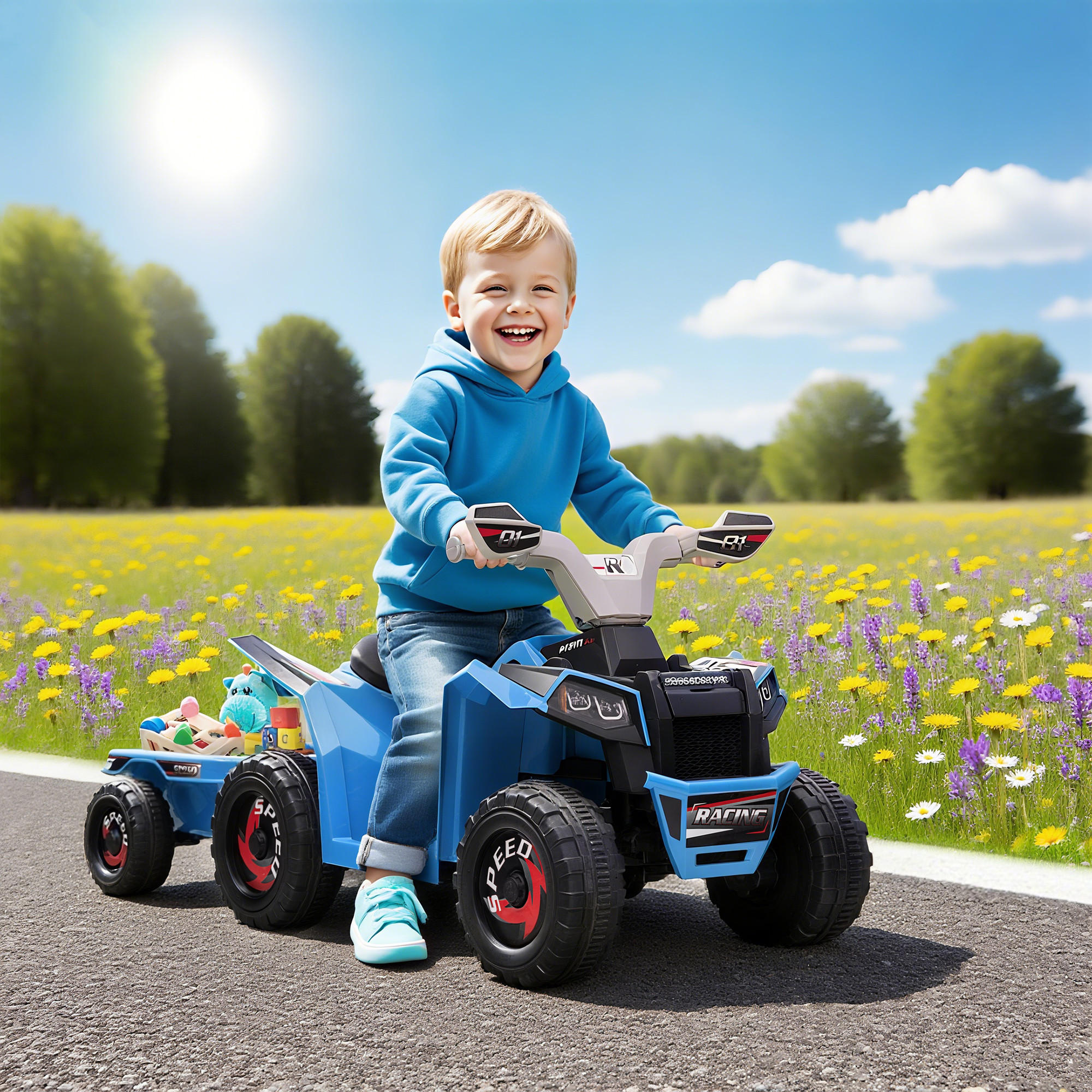 KINDERQUAD Kinder Elektro-Quad 6V Elektroauto mit Anhänger, 2,5 km/h Metall Blau - Blau, Metall (106/41.5/48.5cm) - HOMCOM