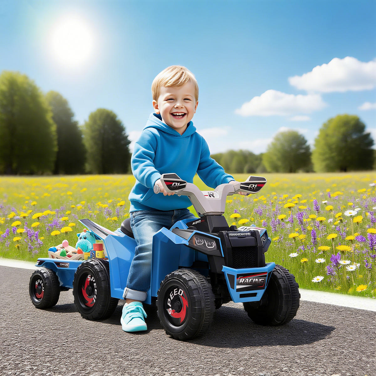 KINDERQUAD Kinder Elektro-Quad 6V Elektroauto mit Anhänger, 2,5 km/h Metall Blau - Blau, Metall (106/41.5/48.5cm) - HOMCOM