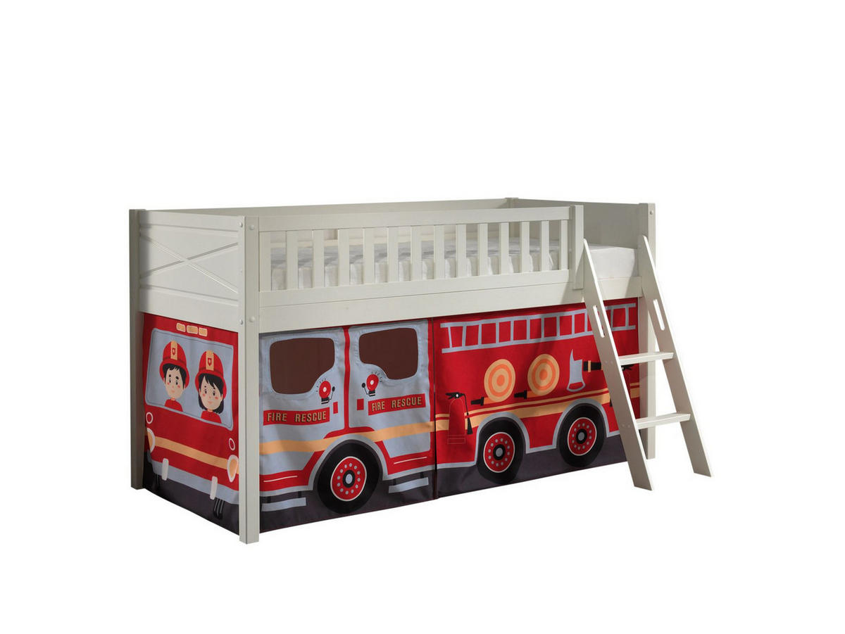 KINDERBETT Karyl 208x114x135 Massivholz Weiß Textilset Feuerwehr - Weiß/Dunkelrot, Holz (90/200cm) - 58aufmkessel
