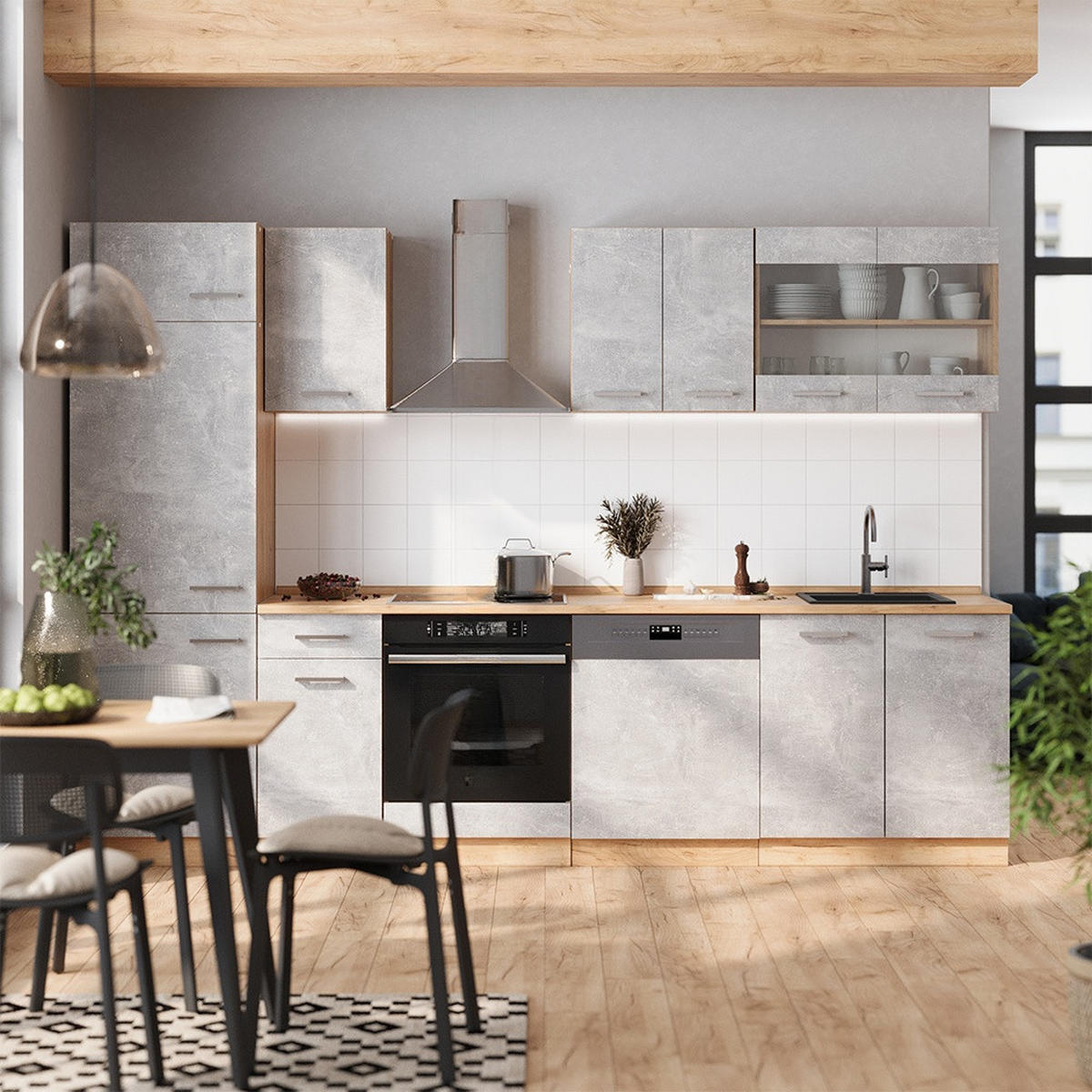 KUCHYŇSKÝ KOUT R-Line Beton/zlatý dub 300 cm , PD Antracit - šedá/medově dubová, kompozitní dřevo (300/206.8/60cm) - Vicco