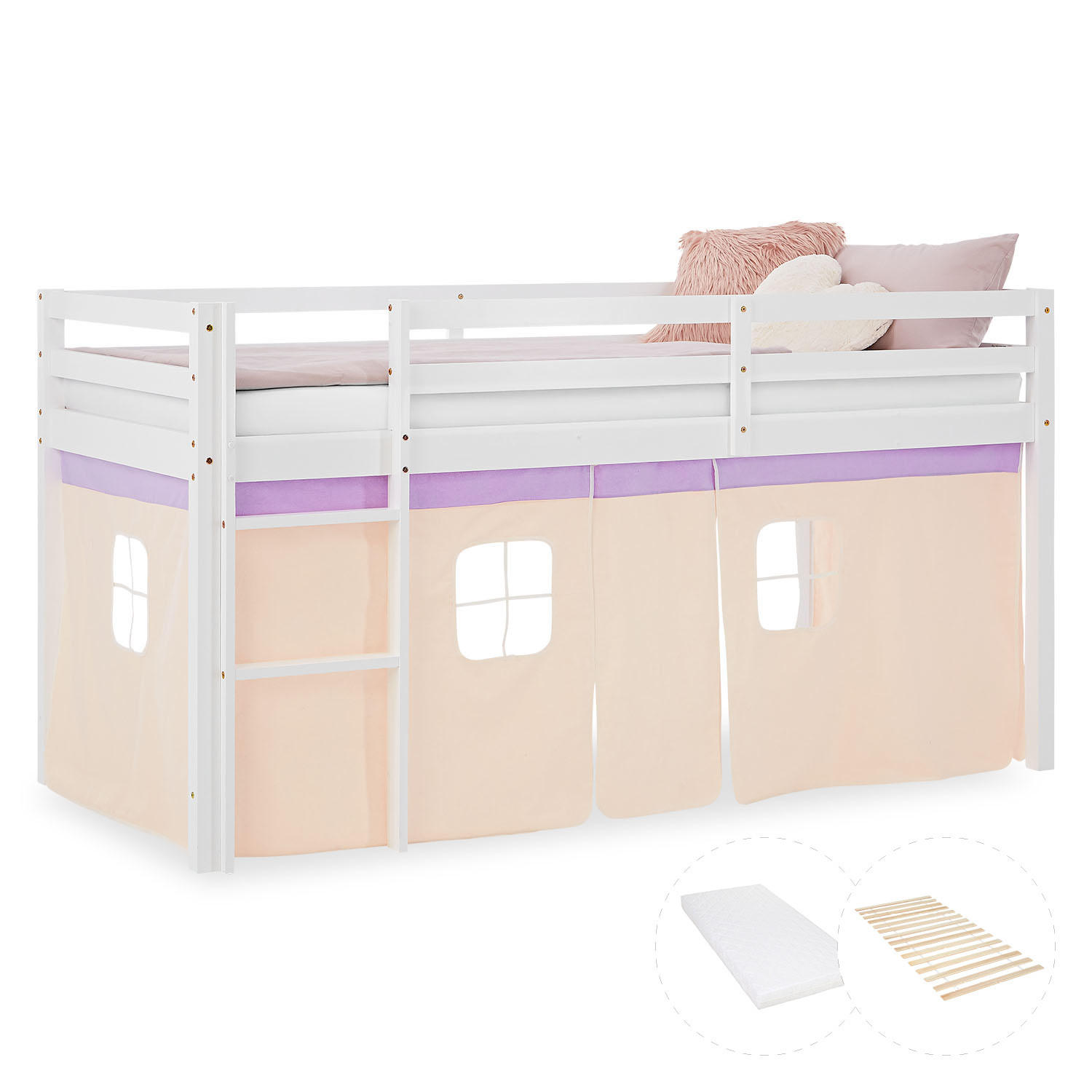 HOCHBETT 90/200 cm in weiß mit Lattenrost + Matratze + Bettvorhang Peach - Beige/Violett, Holz/Textil (90/200cm) - Homestyle4u
