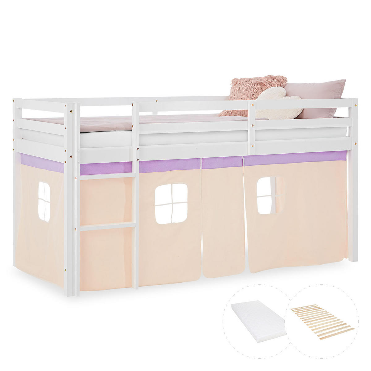 HOCHBETT 90/200 cm in weiß mit Lattenrost + Matratze + Bettvorhang Peach - Beige/Violett, Holz/Textil (90/200cm) - Homestyle4u
