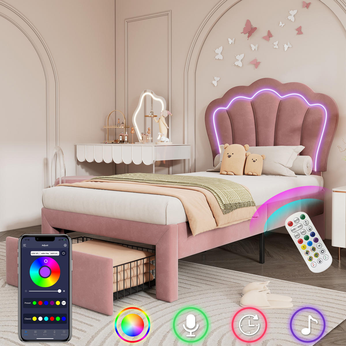 KINDERBETT 90/190 cm Rosa mit LED-Beleuchtung und Schublade aus Samt - Rosa, Textil (90/190cm) - OKWISH