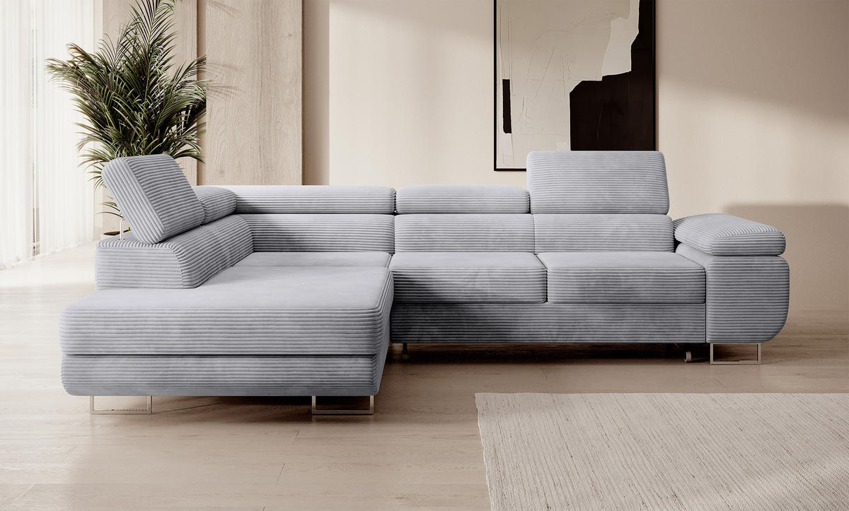 ECKSOFA Stevil Hellgrau Cordbezug - Silberfarben/Hellgrau, Textil/Metall (275/203cm) - Selsey