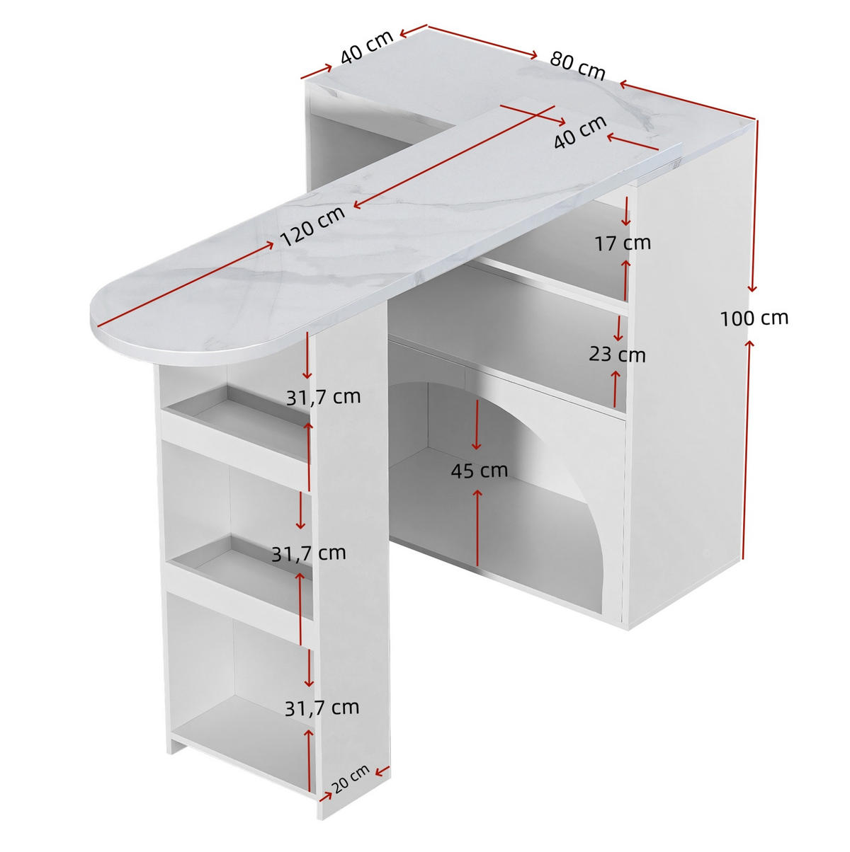 BARTISCH aus MDF 120(+80)x40x100 cm Weiß ausziehbar mit offenem Stauraum und integriertem Haustierbereich - Weiß, Holzwerkstoff (40/120/100cm) - Modfu