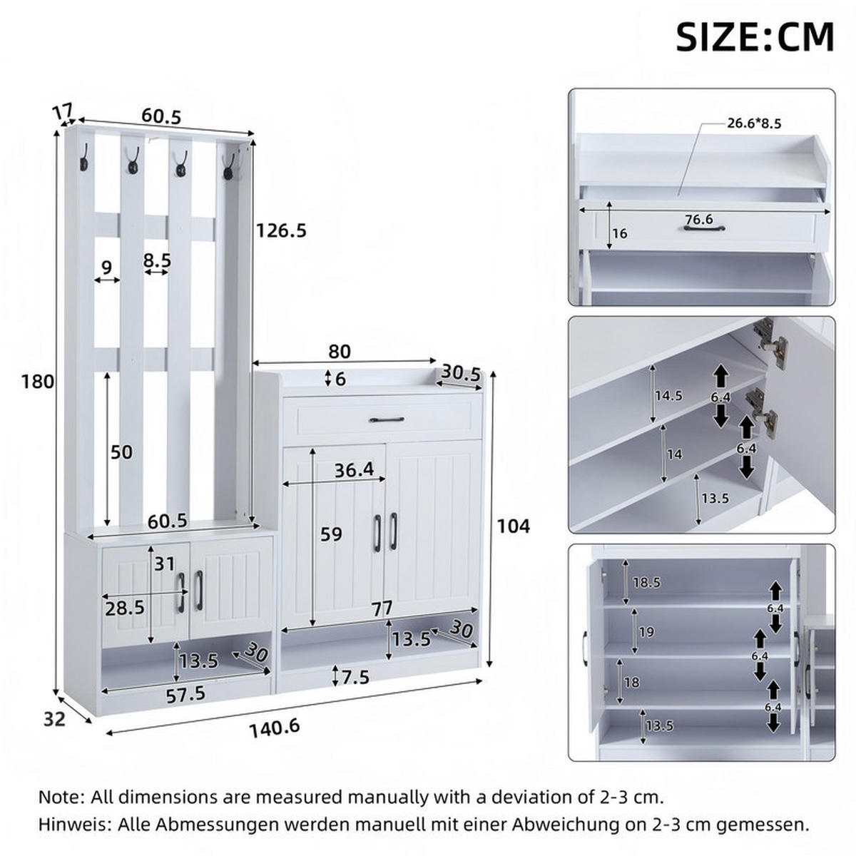 GARDEROBEN-SET WEISS mit Schuhschrank 140.6x32x180 cm - Weiß, Holzwerkstoff (30.5/180/140.6cm) - Fuleadture
