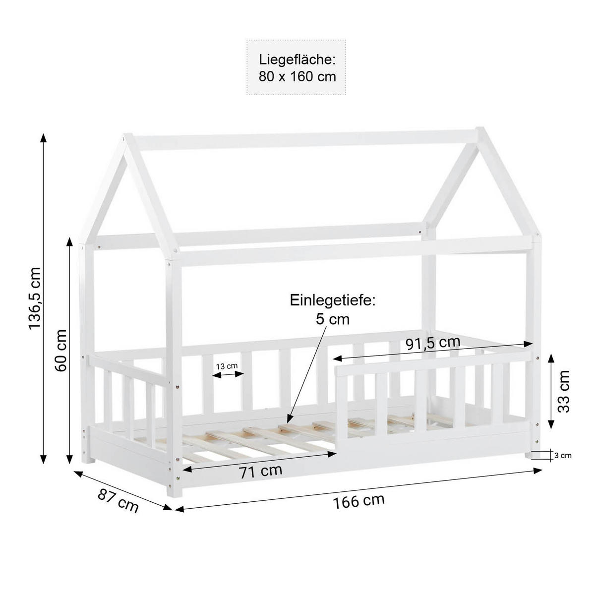 KINDERBETT 80/200 cm Bodenbett Weiß - Weiß, Holz (80/160cm) - Homestyle4u