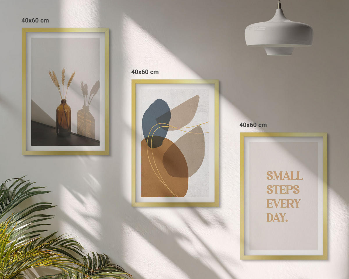 WANDBILDER 3er Set - 40x60 cm Goldrahmen - Set abstrakter Formen - Goldfarben, Kunststoff (40/60cm) - ArtPrintCave