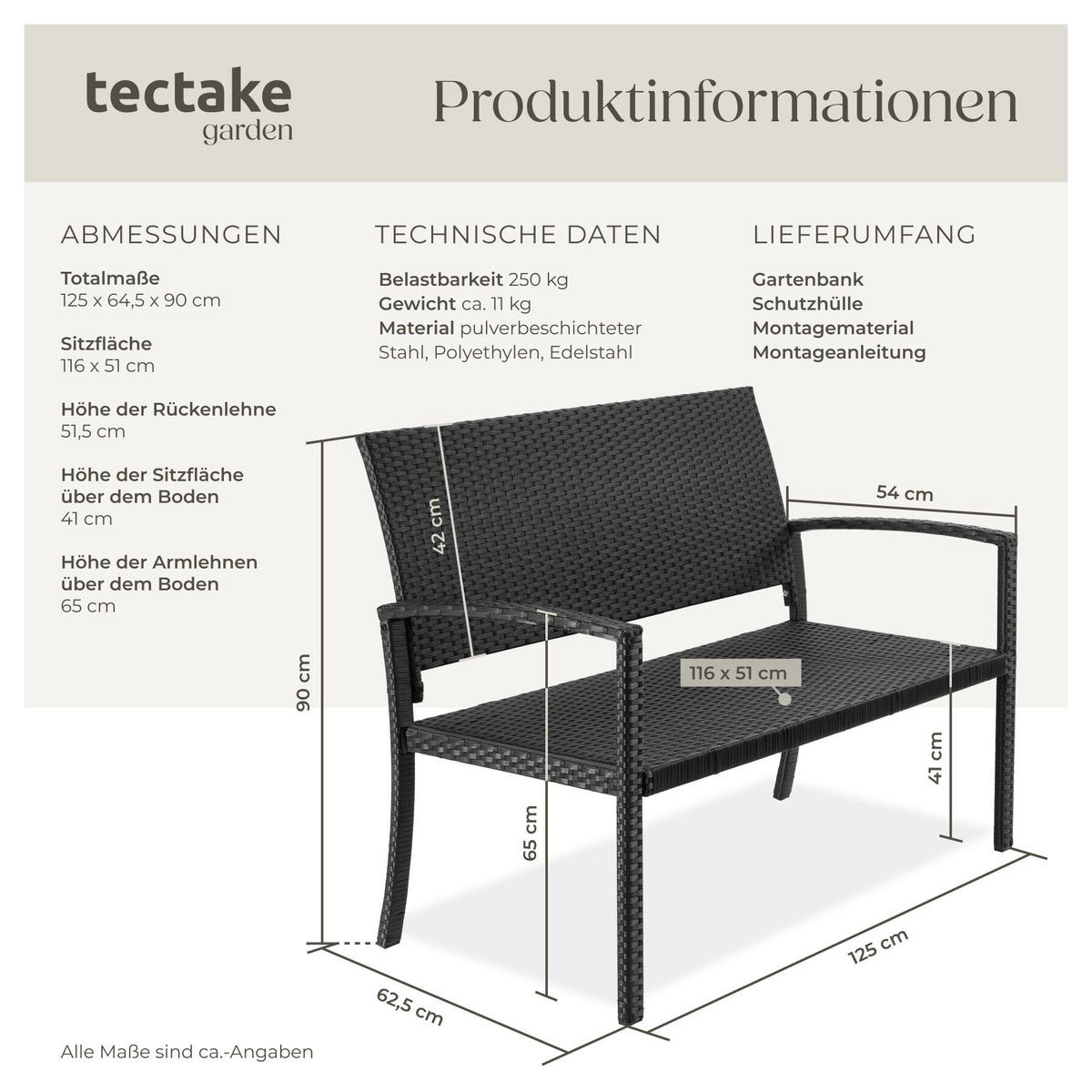 RATTAN-GARTENBANK Murat, 125 x 62,5 x 90 cm, inklusive Schutzhülle, schwarz - Schwarz, Kunststoff (125/90/62.5cm) - tectake