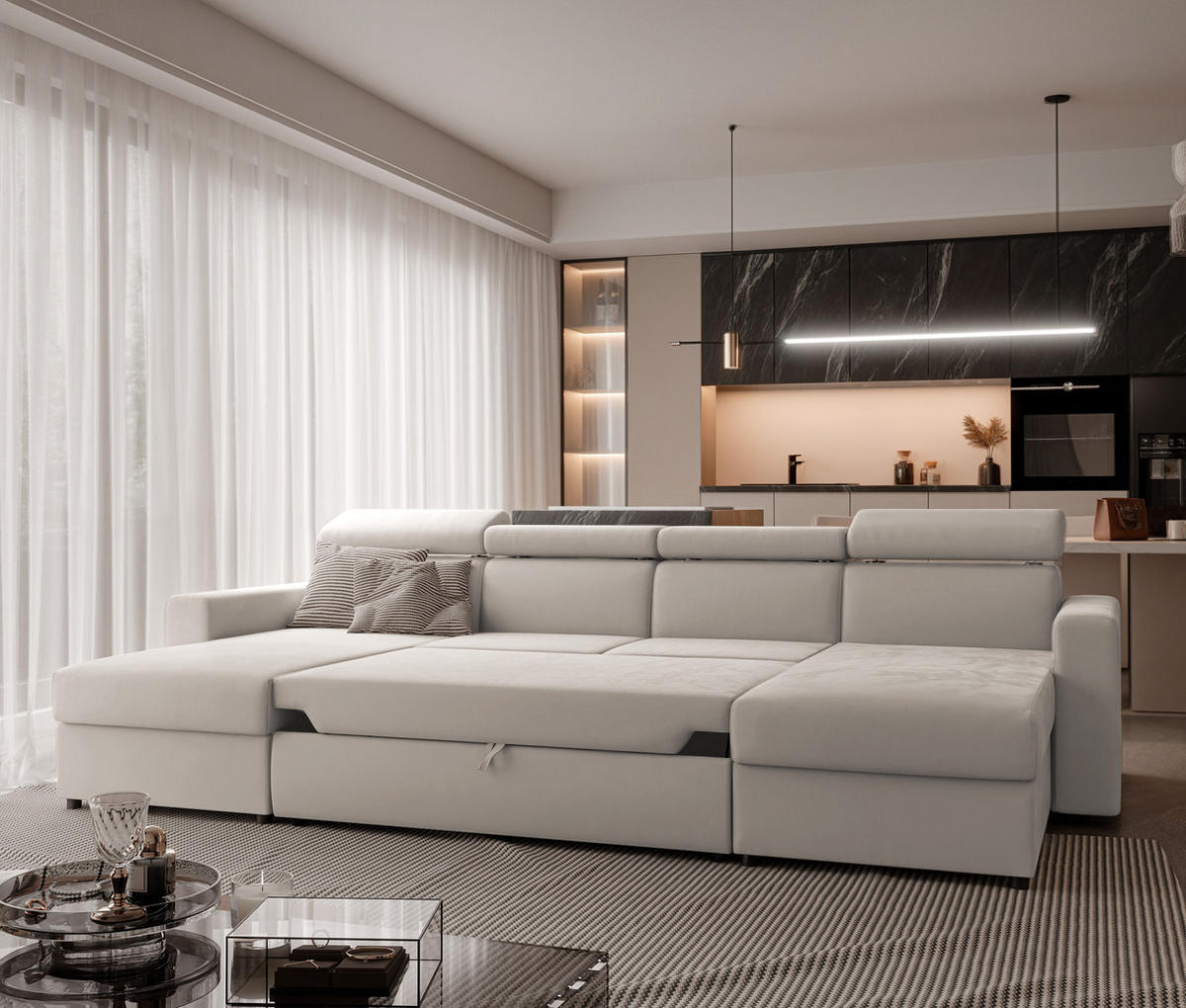 WOHNLANDSCHAFT BENI U II mit verstellbaren Kopfstützen und Schlaffunktion, Farbe Creme - Creme/Schwarz, Kunststoff/Textil (302/60/166cm) - Idohome