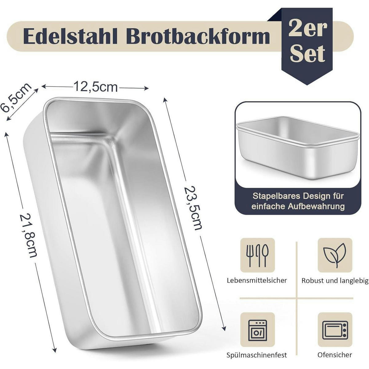 BROTBACKFORM 2er-Set Edelstahl 23,5 x 12,5 x 6,5 cm - Silberfarben, Metall (12.4/6.5/23.5cm)