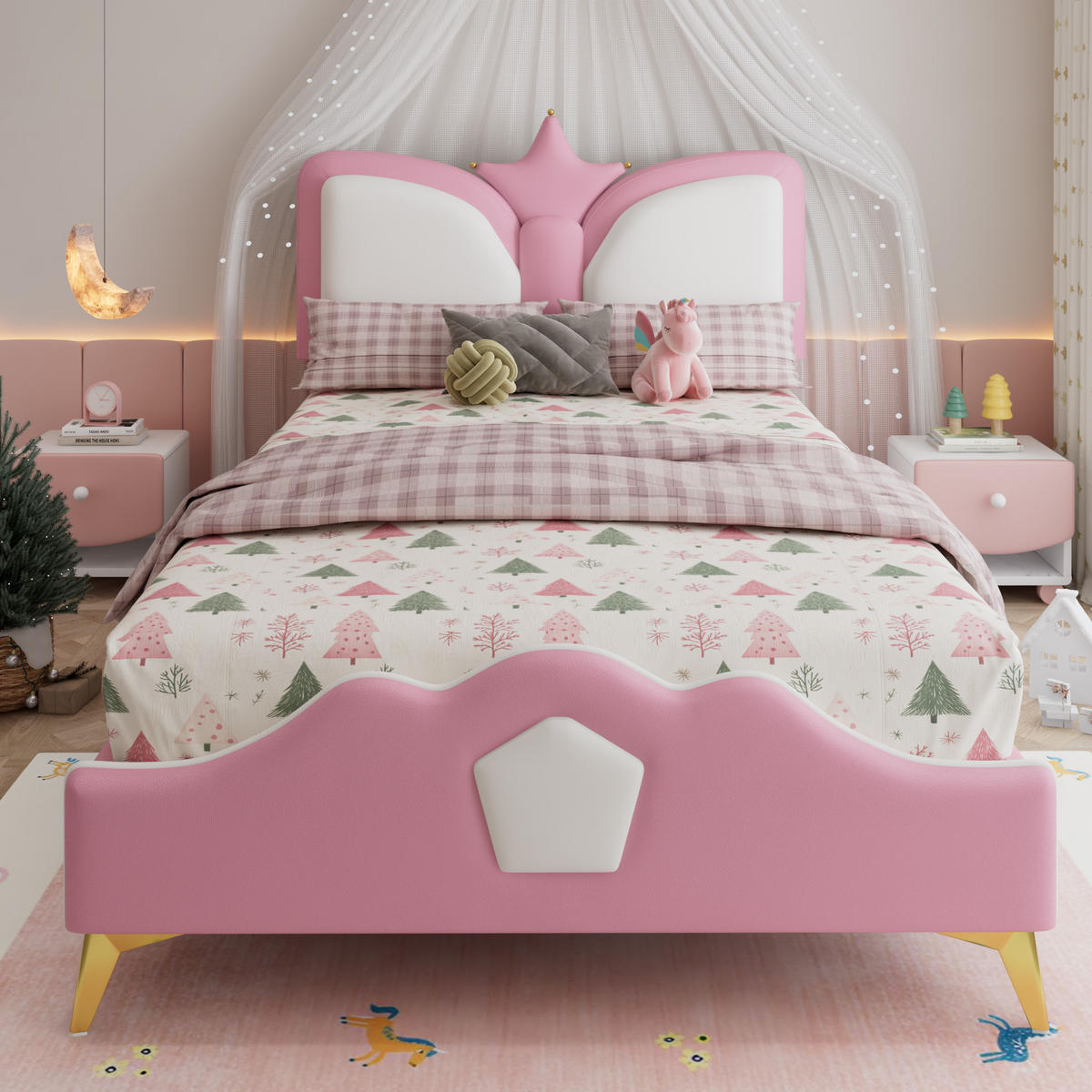KINDERBETT 90/200 cm aus PU mit Kronen-Kopfteil und weicher Polsterung, Rosa/Weiß - Rosa, Kunststoff (90/200cm) - Redom