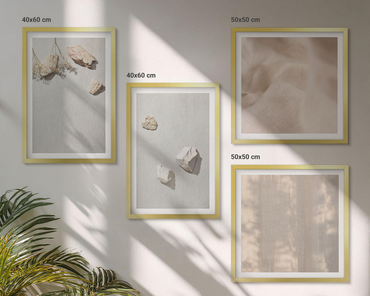 WANDBILDER 4er Set - 50x50 cm & 40x60 cm Goldrahmen - Boho-Stranddekorationen aus Steinen - Goldfarben, Kunststoff (50/50cm) - ArtPrintCave