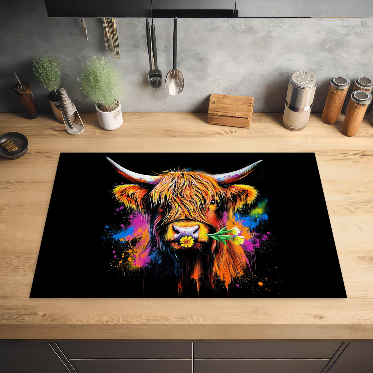 HERDABDECKPLATTE Schottischer Highlander - Graffiti - Bunt - Blume - Tiere Ceranfeldabdeckung 80x52 cm - Multicolor, Kunststoff (80/52/0.2cm) - MuchoWow
