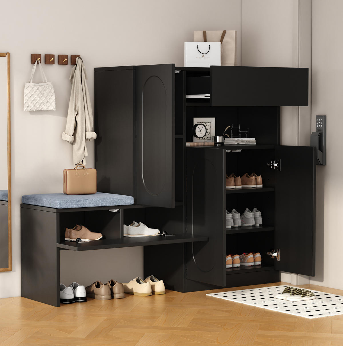 SCHUHSCHRANK 130/35/110 cm in Schwarz mit Sitzbank und Soft-Close - Schwarz, Holzwerkstoff (130/110/35cm) - Flora Grace