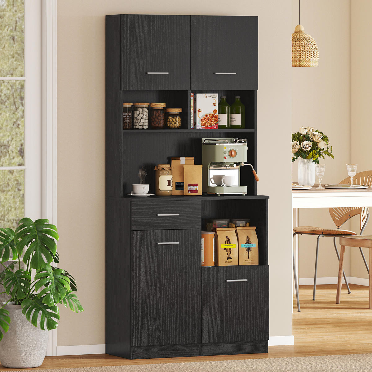 KÜCHENSCHRANK Hochschrank mit verstellbarem Regal Schublade Schwarz - Silberfarben/Schwarz, Holzwerkstoff/Metall (35/180/80cm) - HOMCOM