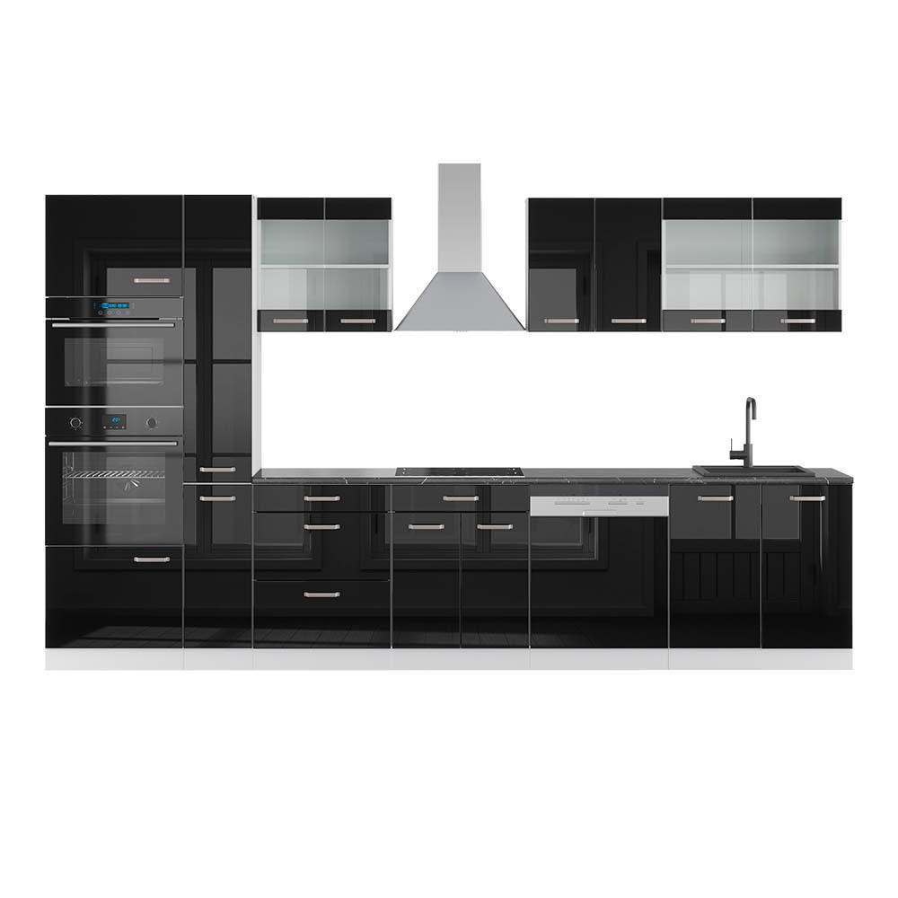 KÜCHENZEILE R-Line Schwarz Hochglanz/Weiß 350 cm mit Hochschrank AP Anthrazit - Schwarz Hochglanz/Weiß, Holzwerkstoff (350/81.6/60cm) - Vicco