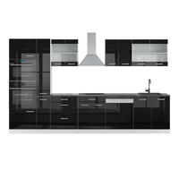 KÜCHENZEILE R-Line Schwarz Hochglanz/Weiß 350 cm mit Hochschrank AP Anthrazit - Schwarz Hochglanz/Weiß, Holzwerkstoff (350/81.6/60cm) - Vicco