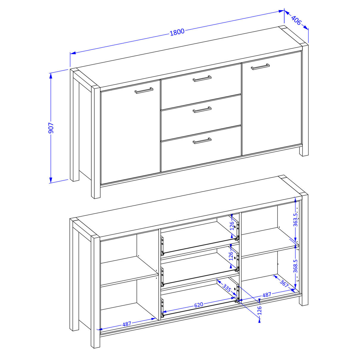 SIDEBOARD ATTIVO 180/91/41 cm mit 3 Schubladen und 2 Türen Eichefarben - Eichefarben, Holzwerkstoff (180/91/41cm) - MASSENO
