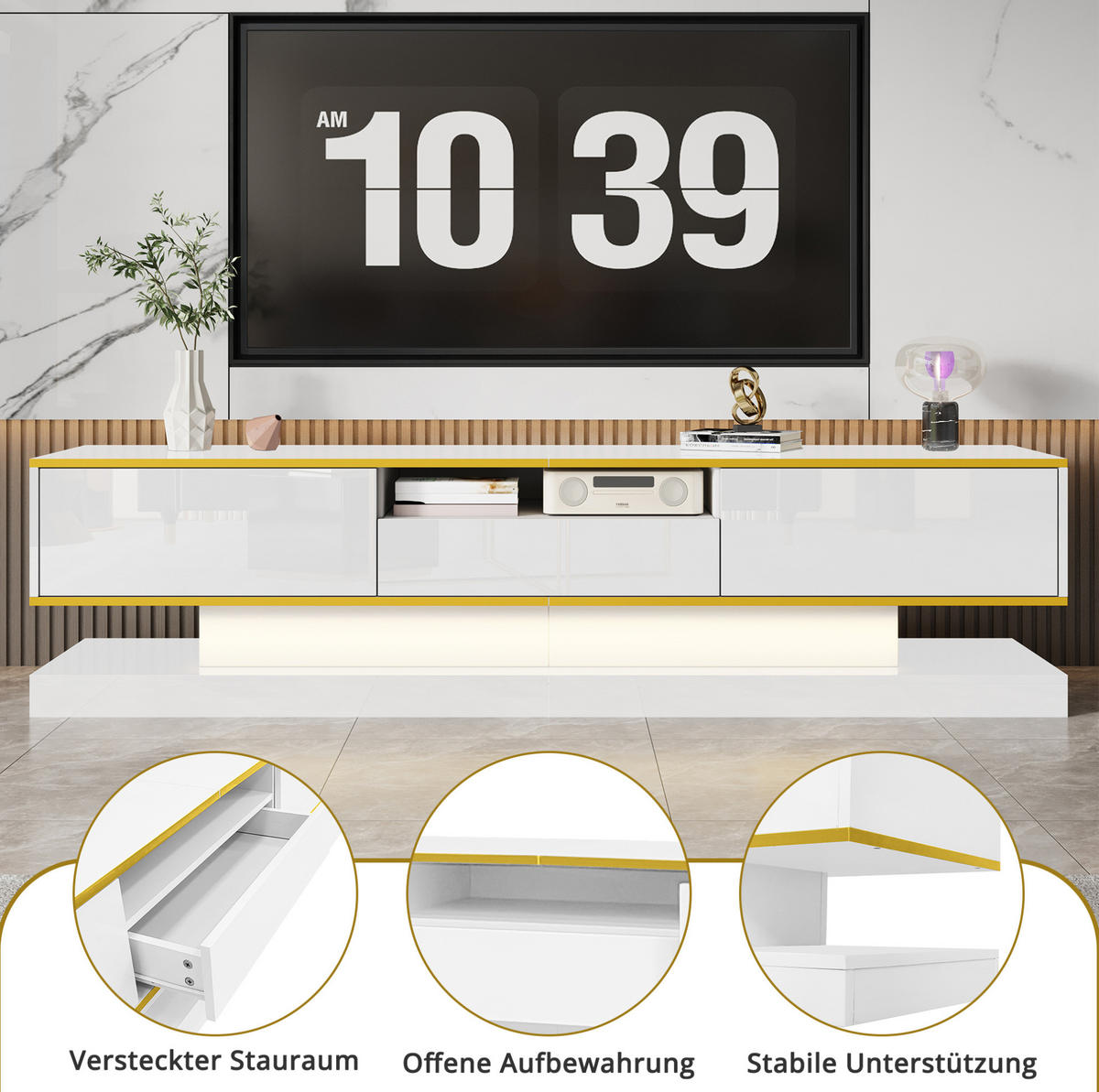 LOWBOARD 180/38/45 cm aus Holzwerkstoff mit Hochglanzfront und LED-Beleuchtung Weiß/Gold - Weiß, Holzwerkstoff (180/45/38cm) - Modenvie