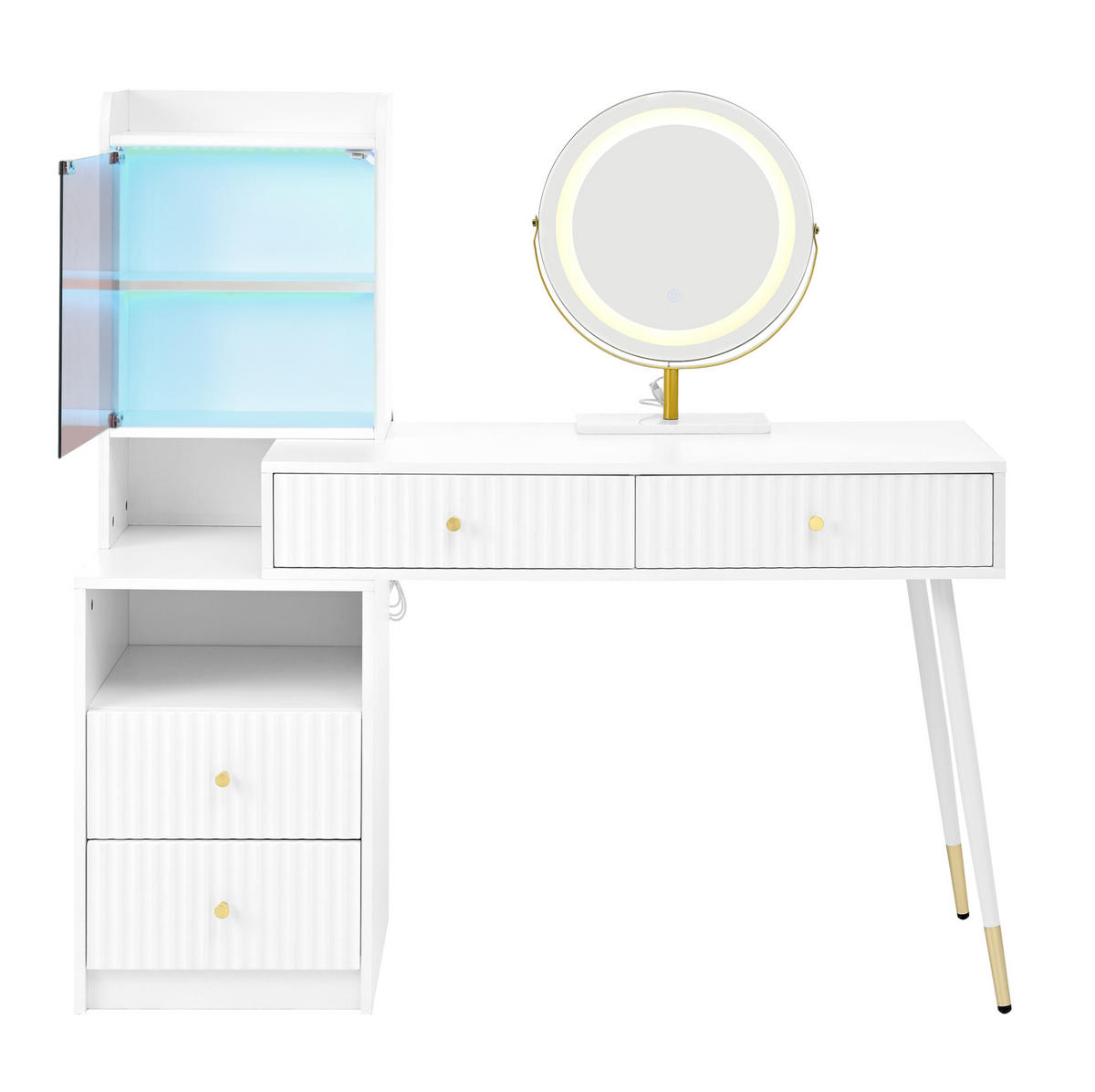SCHMINKTISCH-SET 100/40/125 cm weiß mit dreifarbigem LED-Spiegel und 4 Schubladen - Weiß, Holzwerkstoff (100/125/40cm) - OKWISH