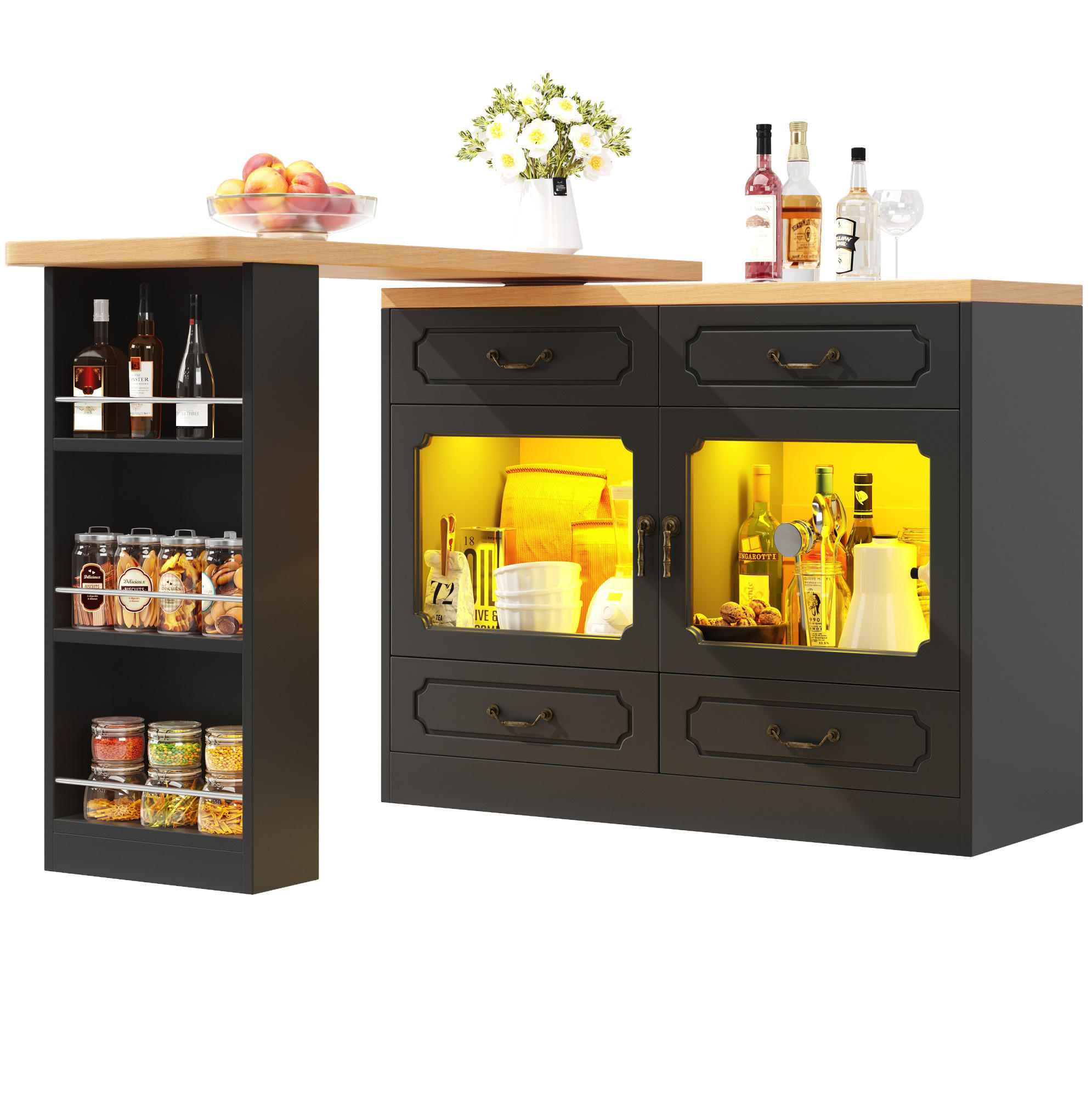 BARTISCH Ausziehbarer aus MDF mit 360° Drehplatte & LED, 135-203/39/92,8 cm, Schwarz - Schwarz, Holzwerkstoff (39/92.8/135cm) - Redom