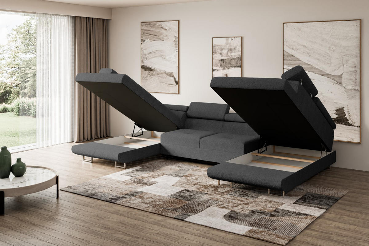 WOHNLANDSCHAFT mit Schlaffunktion und Bettkasten GUSA-U 342x202x107 cm Grau Bouclé - Silberfarben/Grau, Holzwerkstoff/Textil (342/107/202cm) - ALTDECOR